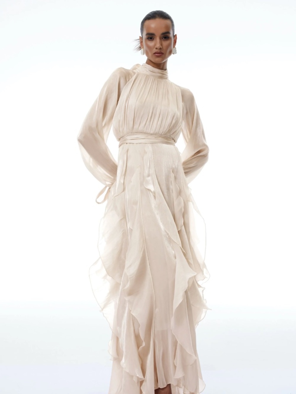 Zelie Neutral Glossy Pleated Ruffled Maxi dress